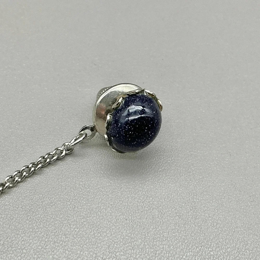 Vintage Blue Goldstone Tie Tack Silver Tone Chain T-Bar Men Accessory 8057